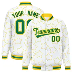 White Gold Star Pattern Varsity Full-Snap Letterman Baseball Jacket 1