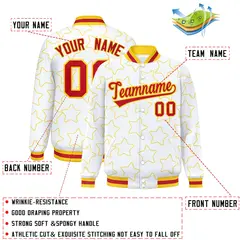White Gold Star Pattern Varsity Full-Snap Letterman Baseball Jacket 2
