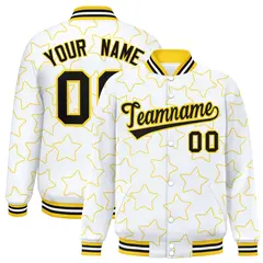 White Gold Star Pattern Varsity Full-Snap Letterman Baseball Jacket 1