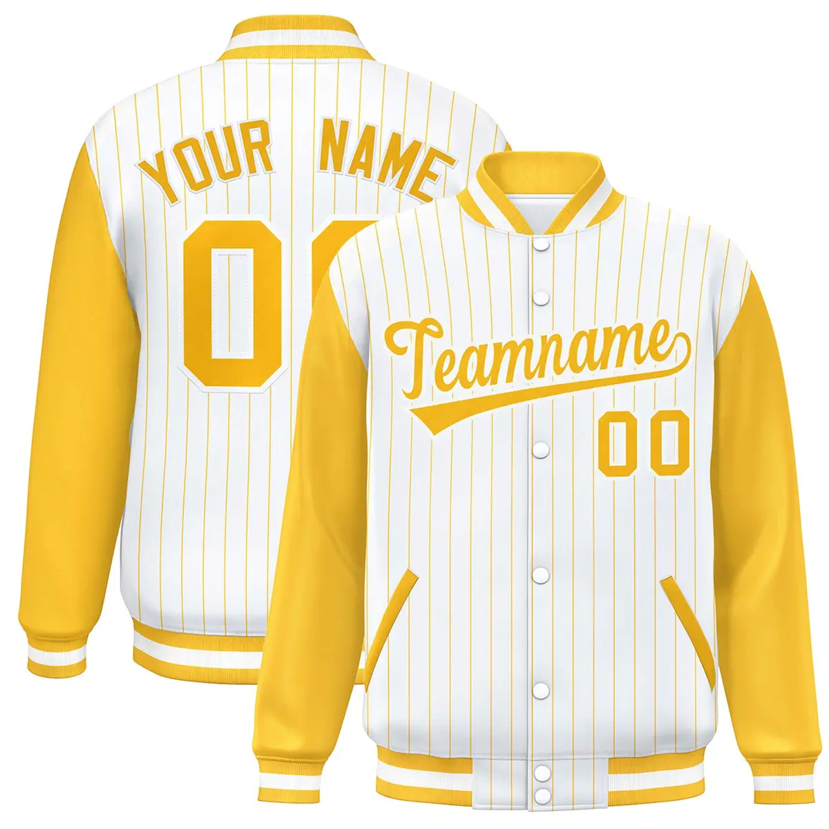 White Gold Stripe Varsity Bomber Jacket with Raglan Sleeves