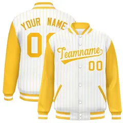 White Gold Stripe Varsity Bomber Jacket with Raglan Sleeves