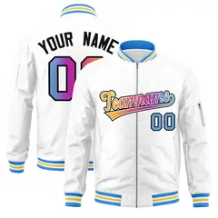 White Gradient Full-Zip Fashion Letterman Bomber Jacket
