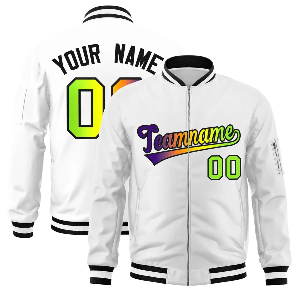 White Gradient Full-Zip Fashion Letterman Bomber Jacket