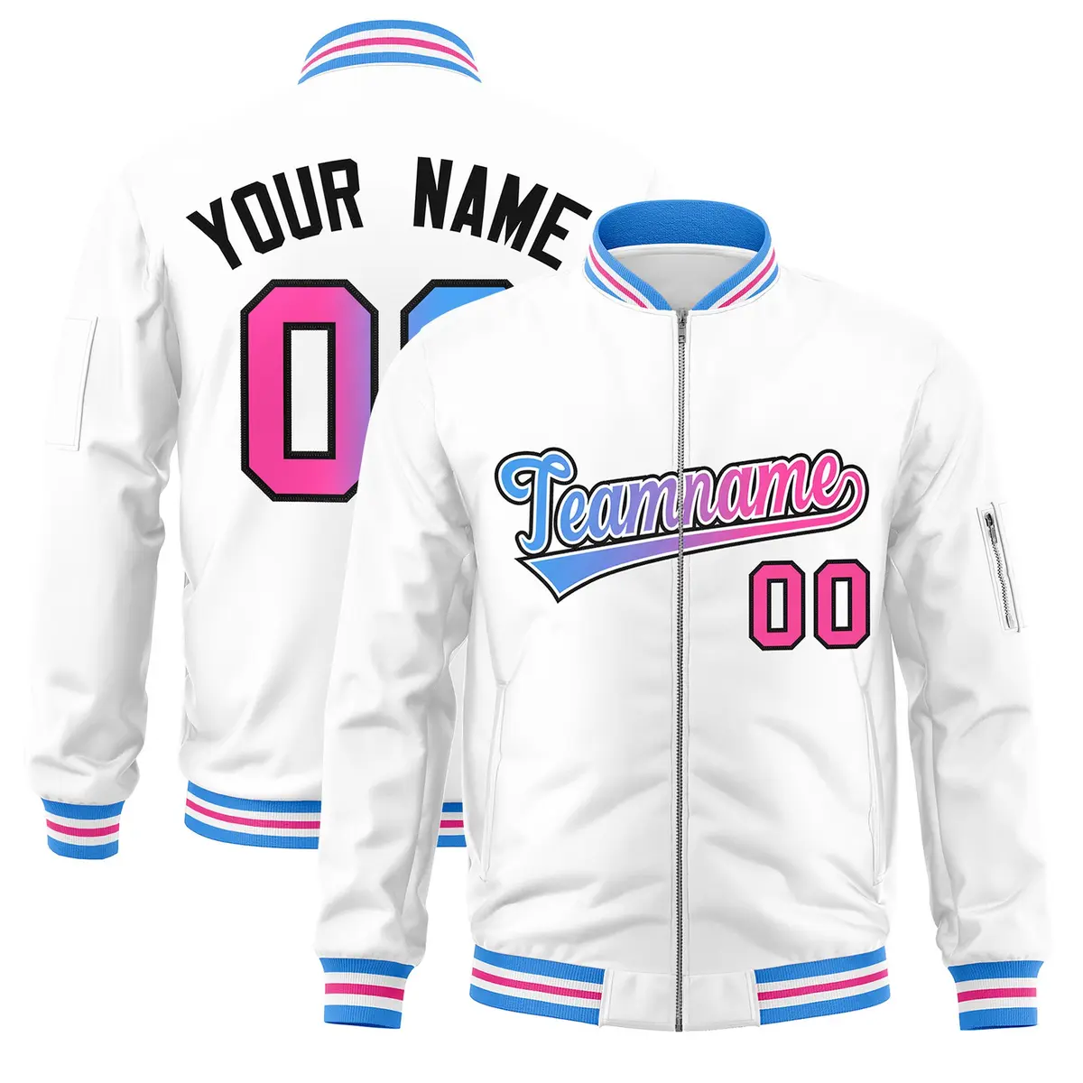 White Gradient Full-Zip Fashion Letterman Bomber Jacket