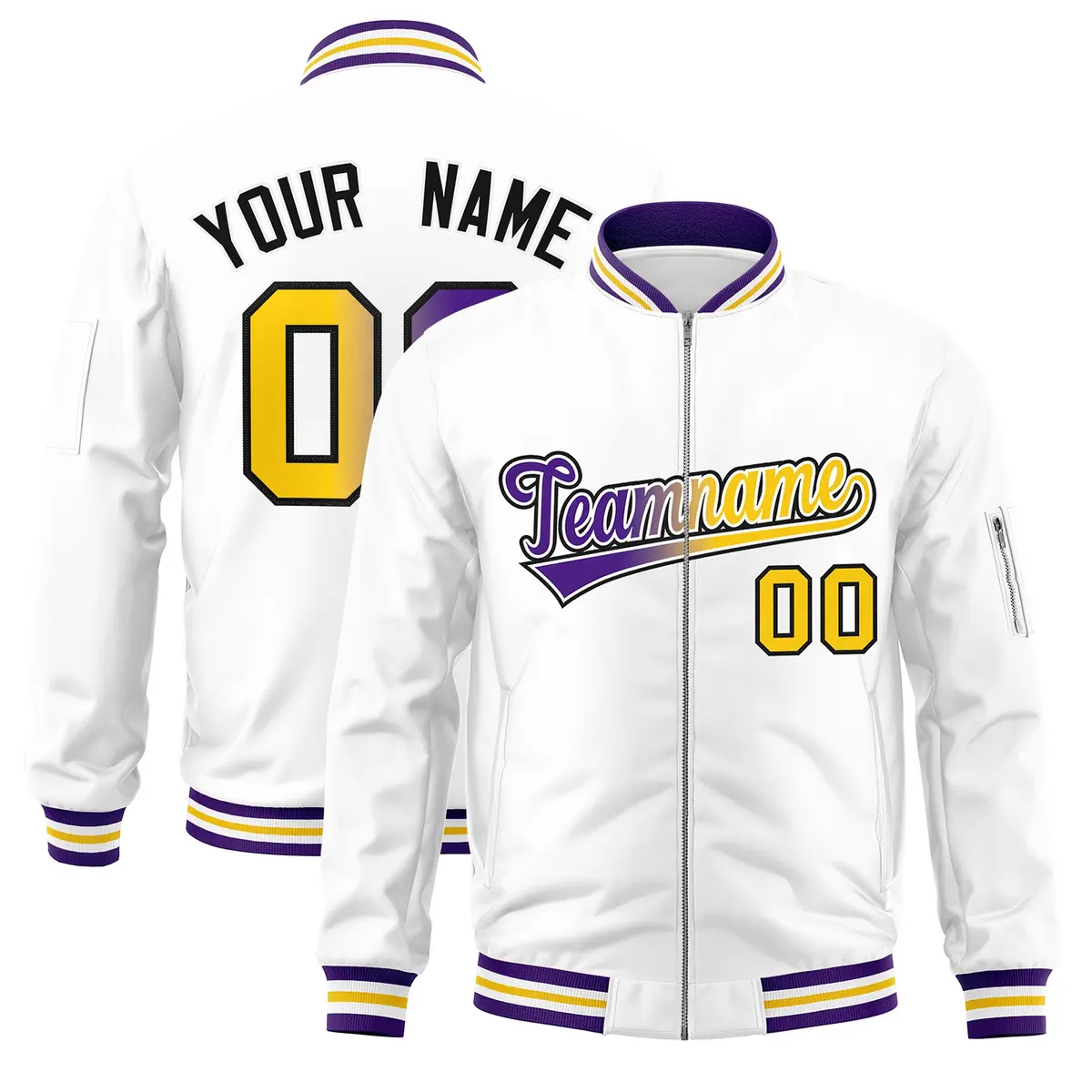 White Gradient Full-Zip Fashion Letterman Bomber Jacket