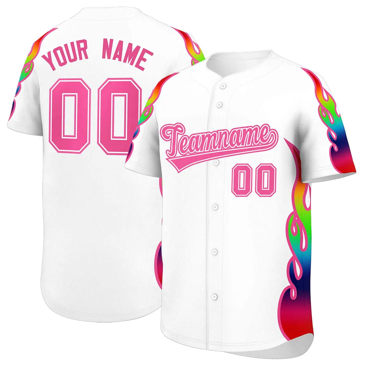 White Graffiti Multicolored Flames Print Baseball Jersey