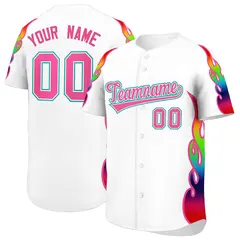 White Graffiti Multicolored Flames Print Baseball Jersey 1