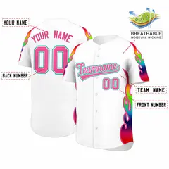 White Graffiti Multicolored Flames Print Baseball Jersey 2