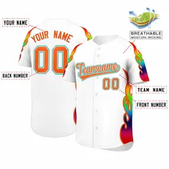 White Graffiti Multicolored Flames Print Baseball Jersey 2