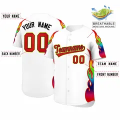 White Graffiti Multicolored Flames Print Baseball Jersey 2