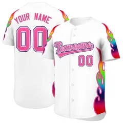 White Graffiti Multicolored Flames Print Baseball Jersey 1