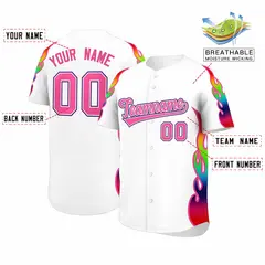 White Graffiti Multicolored Flames Print Baseball Jersey 2