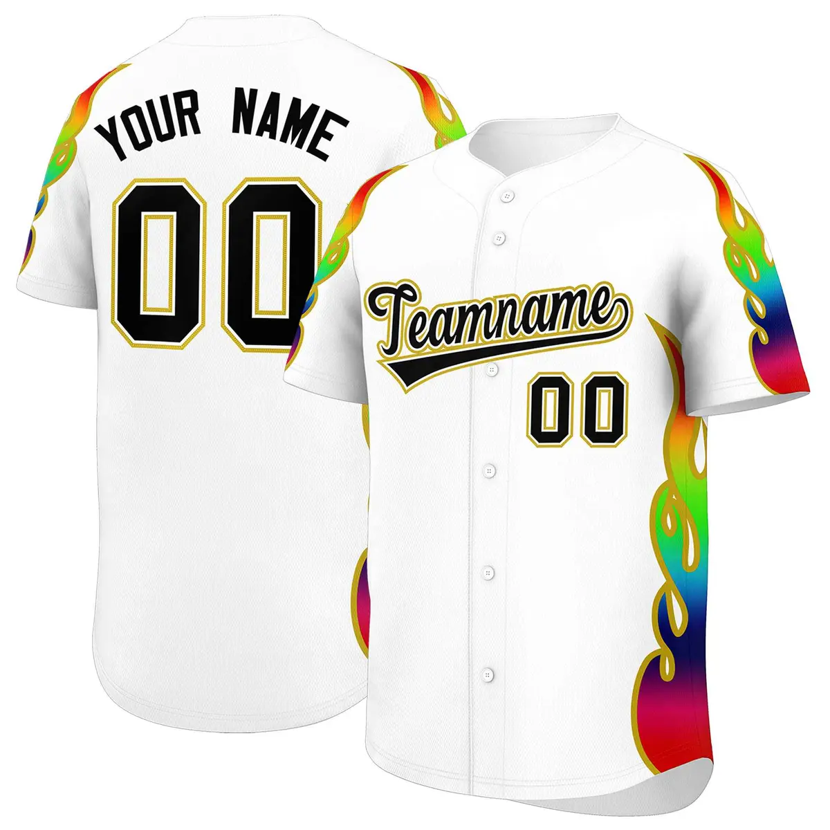 White Graffiti Multicolored Flames Print Baseball Jersey