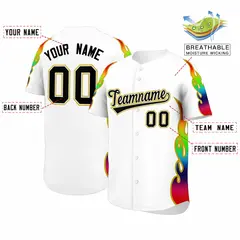 White Graffiti Multicolored Flames Print Baseball Jersey 2
