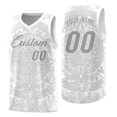 White Gray Aztec Sun Stone Graffiti Drapable Basketball Jersey 1