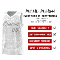 White Gray Aztec Sun Stone Graffiti Drapable Basketball Jersey 2