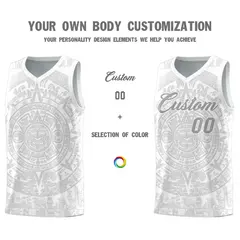 White Gray Aztec Sun Stone Graffiti Drapable Basketball Jersey 3