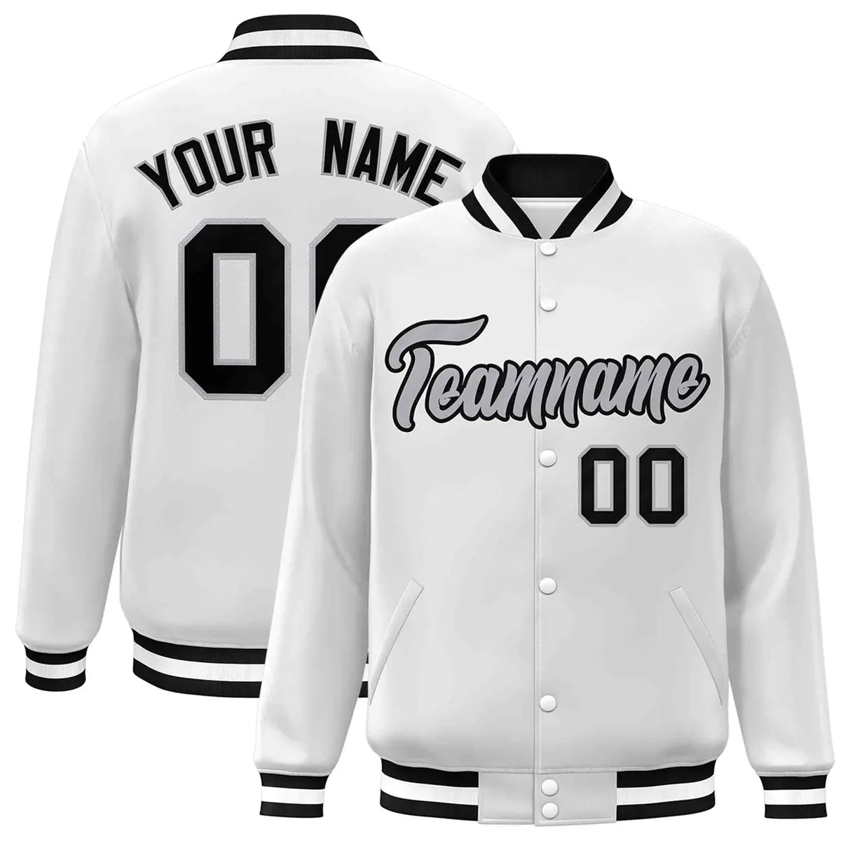 White Gray-Black Classic Varsity Full-Snap Letterman Jacket