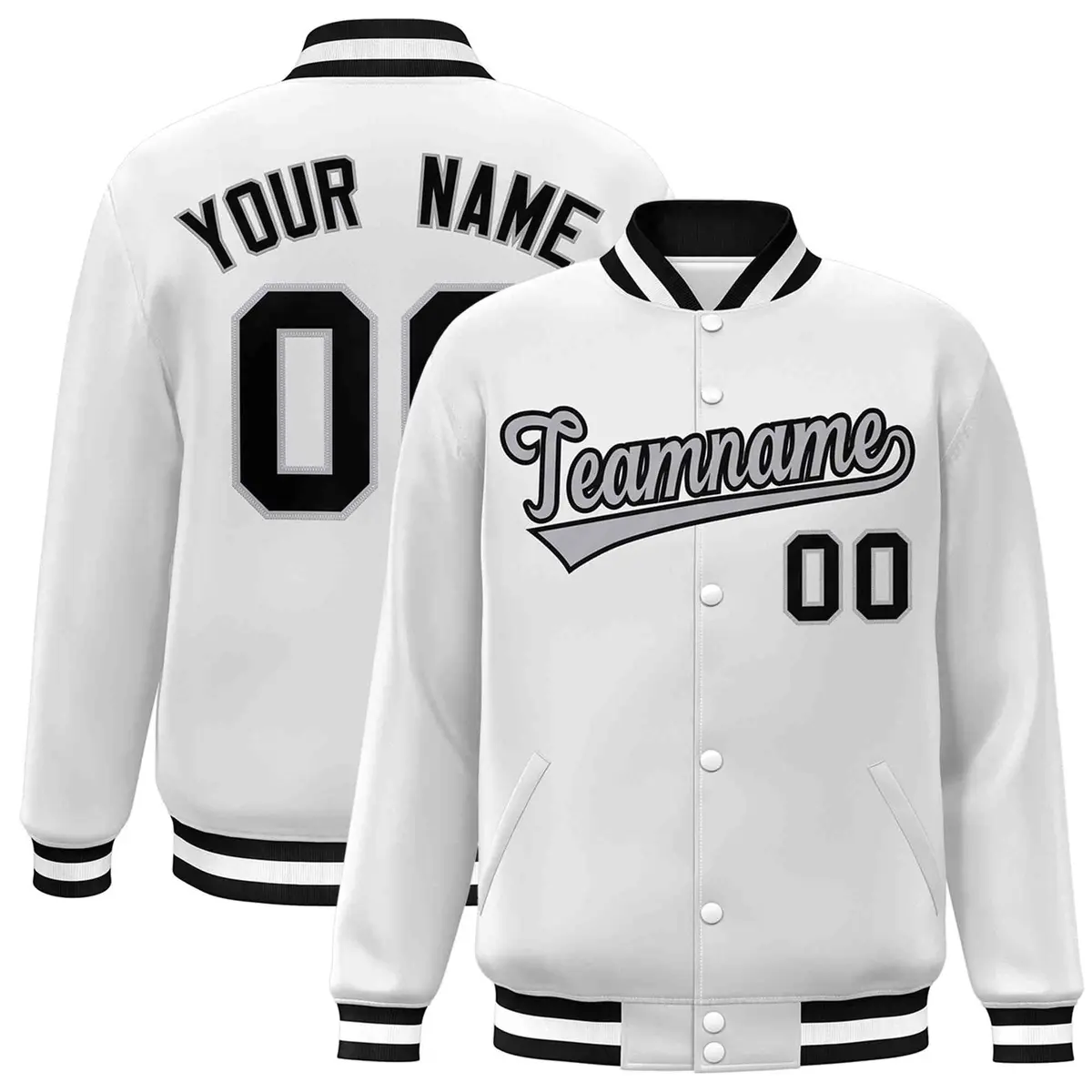 White Gray-Black Classic Varsity Full-Snap Letterman Jacket