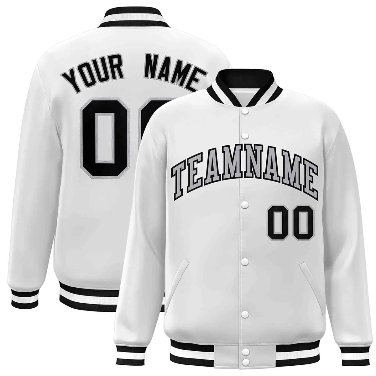 White Gray-Black Classic Varsity Full-Snap Letterman Jacket