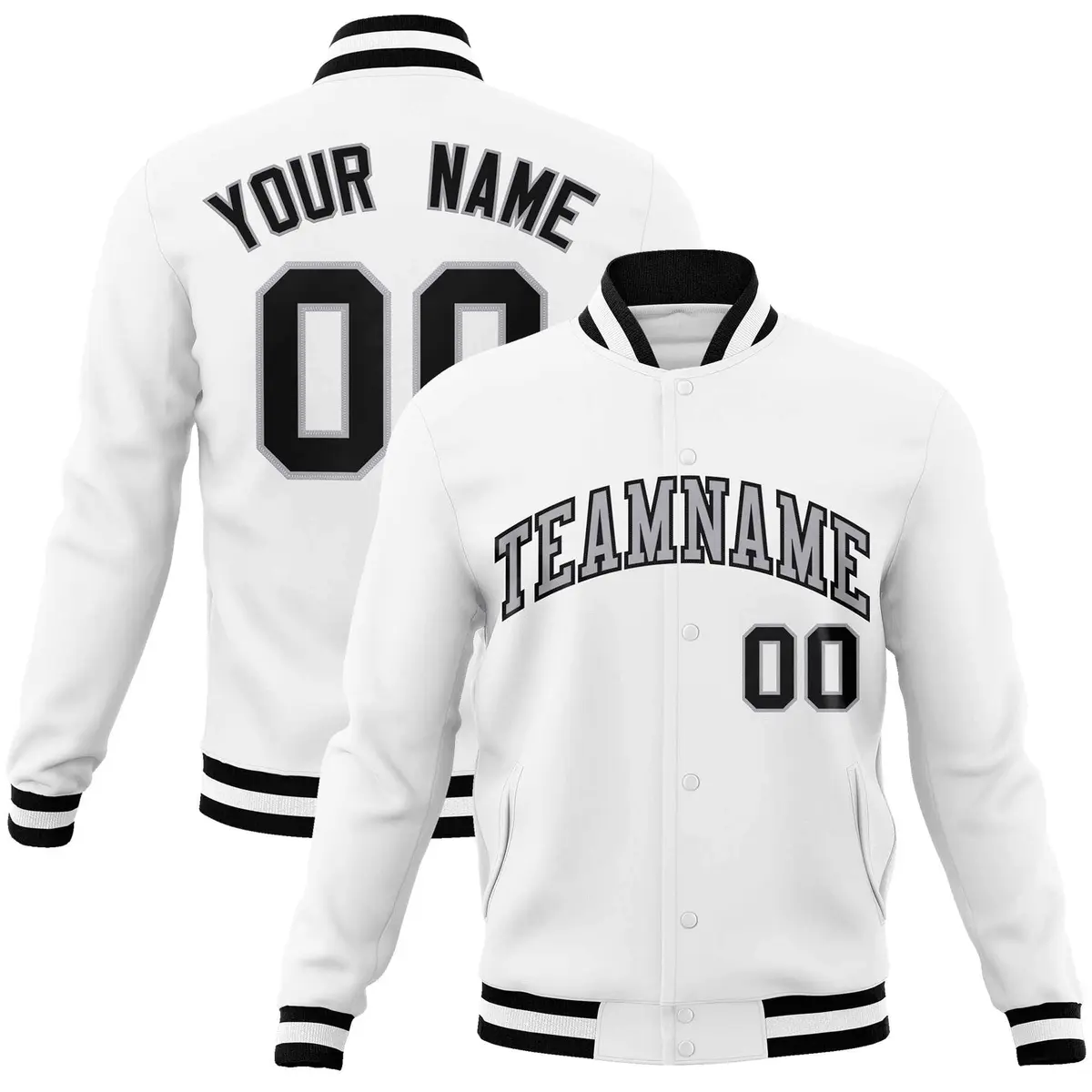 White Gray-Black Classic Varsity Full-Snap Letterman Jacket
