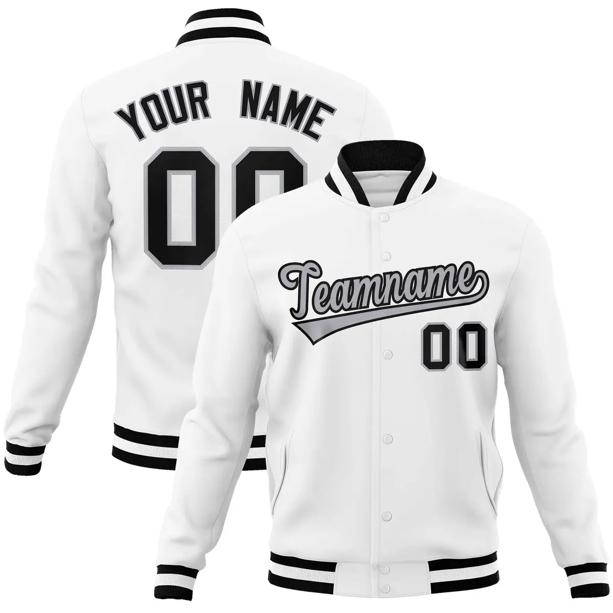 White Gray-Black Classic Varsity Full-Snap Letterman Jacket