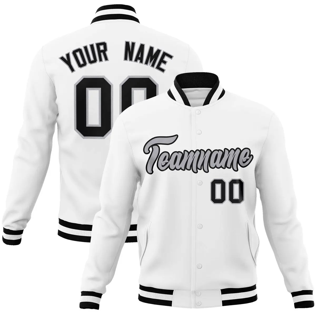 White Gray-Black Classic Varsity Full-Snap Letterman Jacket