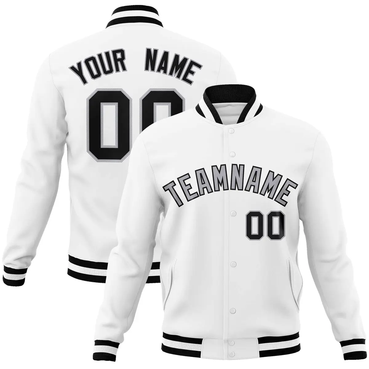 White Gray-Black Classic Varsity Full-Snap Letterman Jacket