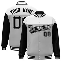 White Gray-Black Color Block Letterman Varsity Baseball Jacket
