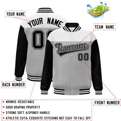 White Gray-Black Color Block Letterman Varsity Baseball Jacket 2