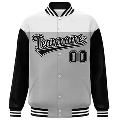 White Gray-Black Color Block Letterman Varsity Baseball Jacket 3