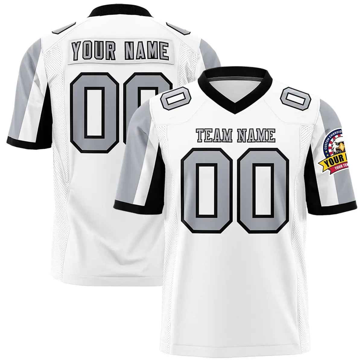 White Gray-Black Color Block Raglan Football Jersey