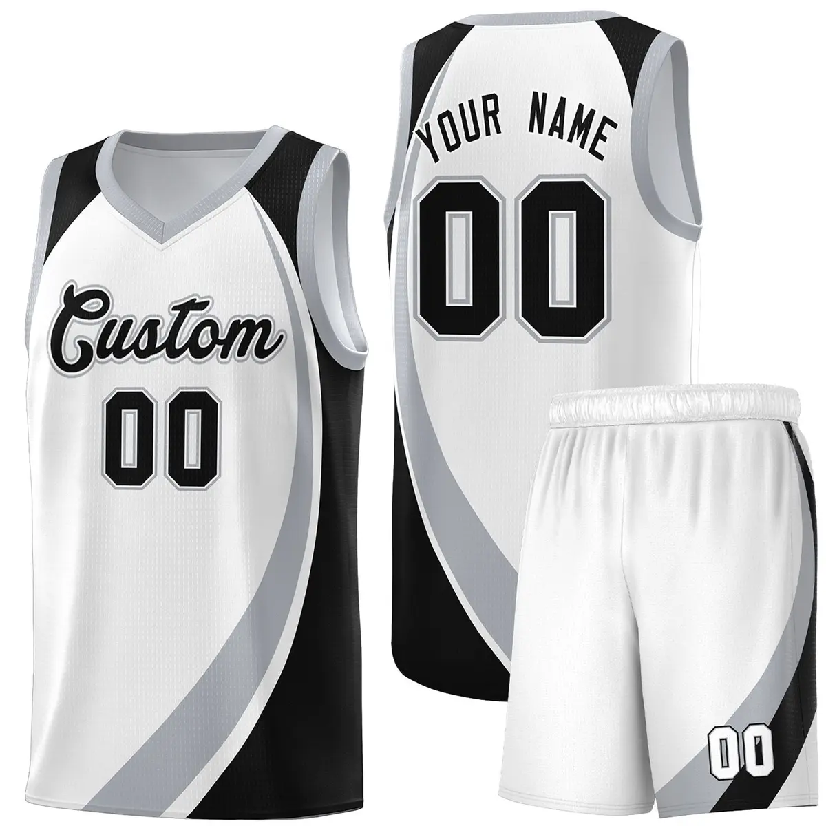 White Gray-Black Color Block Team Basketball Jersey
