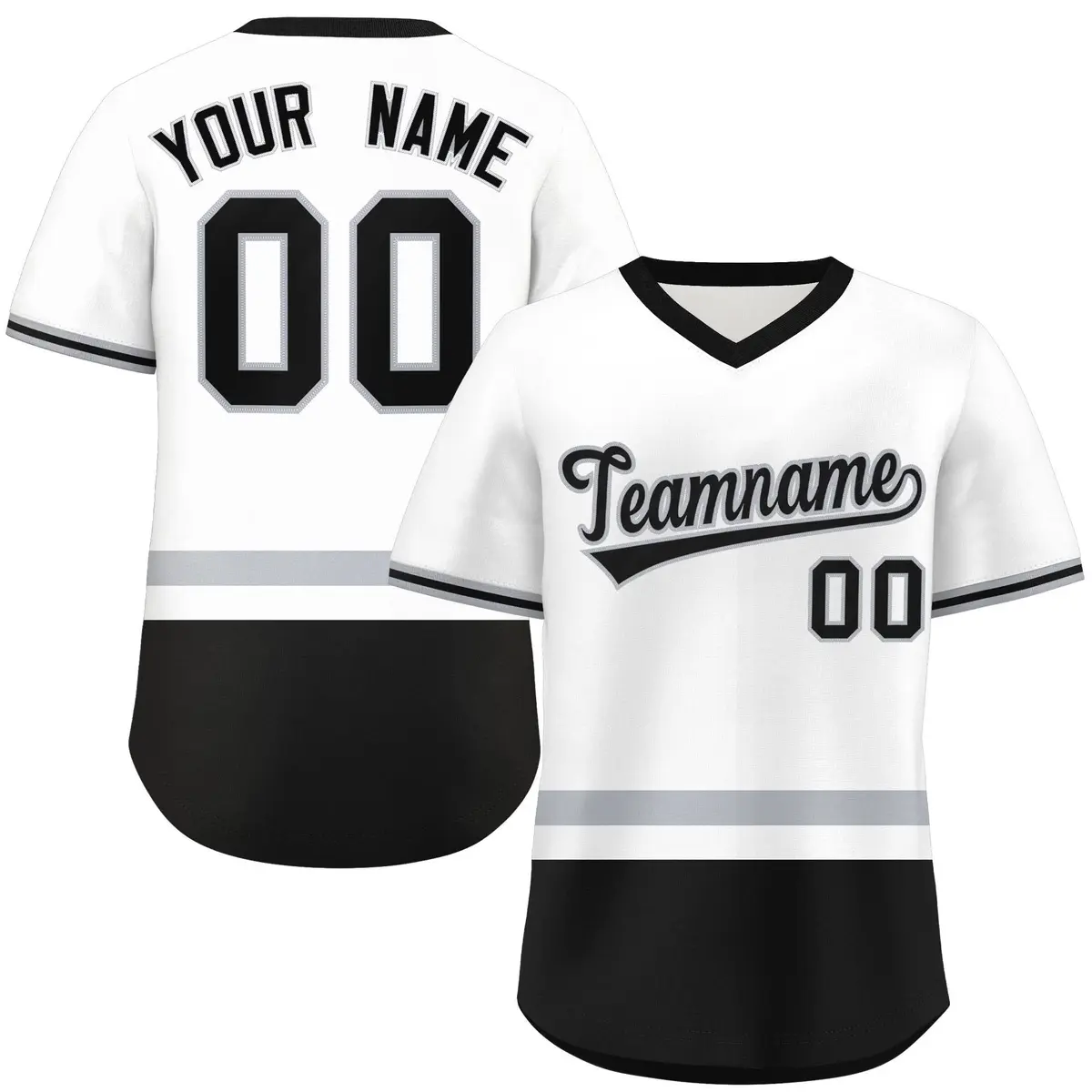 White Gray-Black Color Block V-Neck Pullover Baseball Jersey