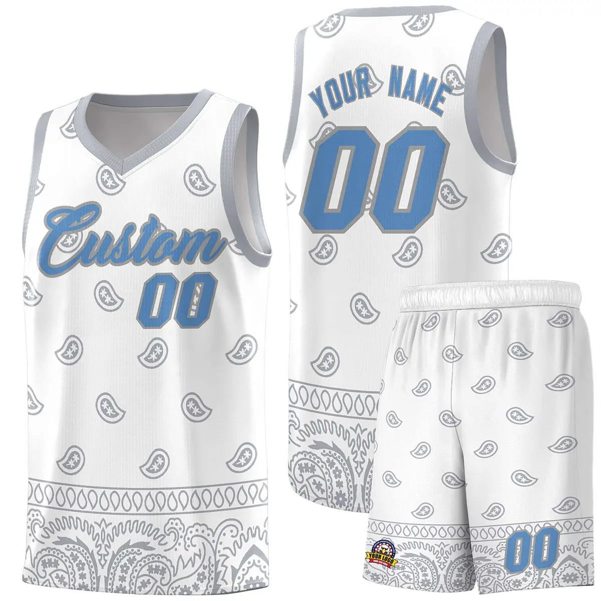 White Gray Cashew Pattern Sports Uniform Basketball Jersey