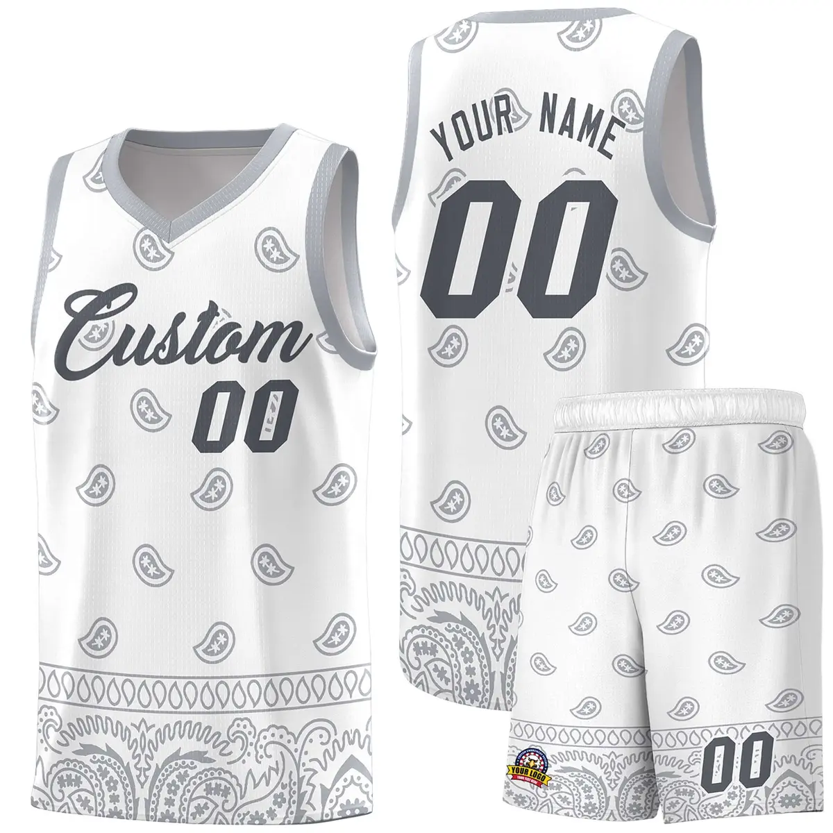 White Gray Cashew Pattern Sports Uniform Basketball Jersey