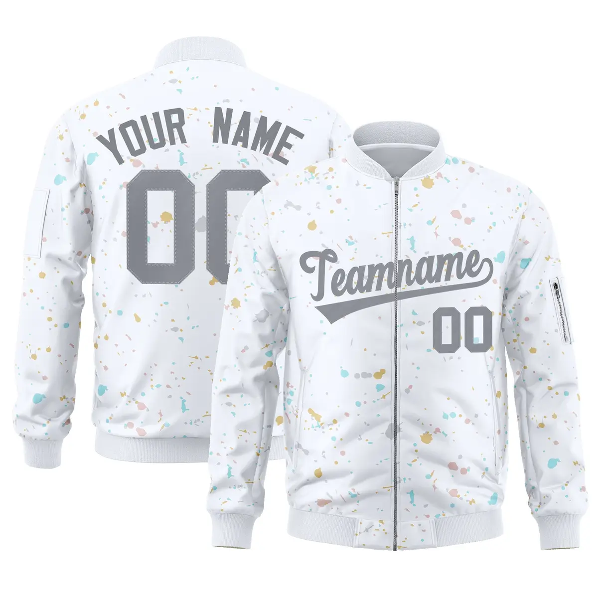 White Gray Full-Zip Graffiti Splash Varsity Letterman Jacket
