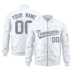 White Gray Full-Zip Graffiti Splash Varsity Letterman Jacket 1