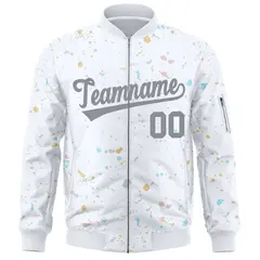 White Gray Full-Zip Graffiti Splash Varsity Letterman Jacket 3