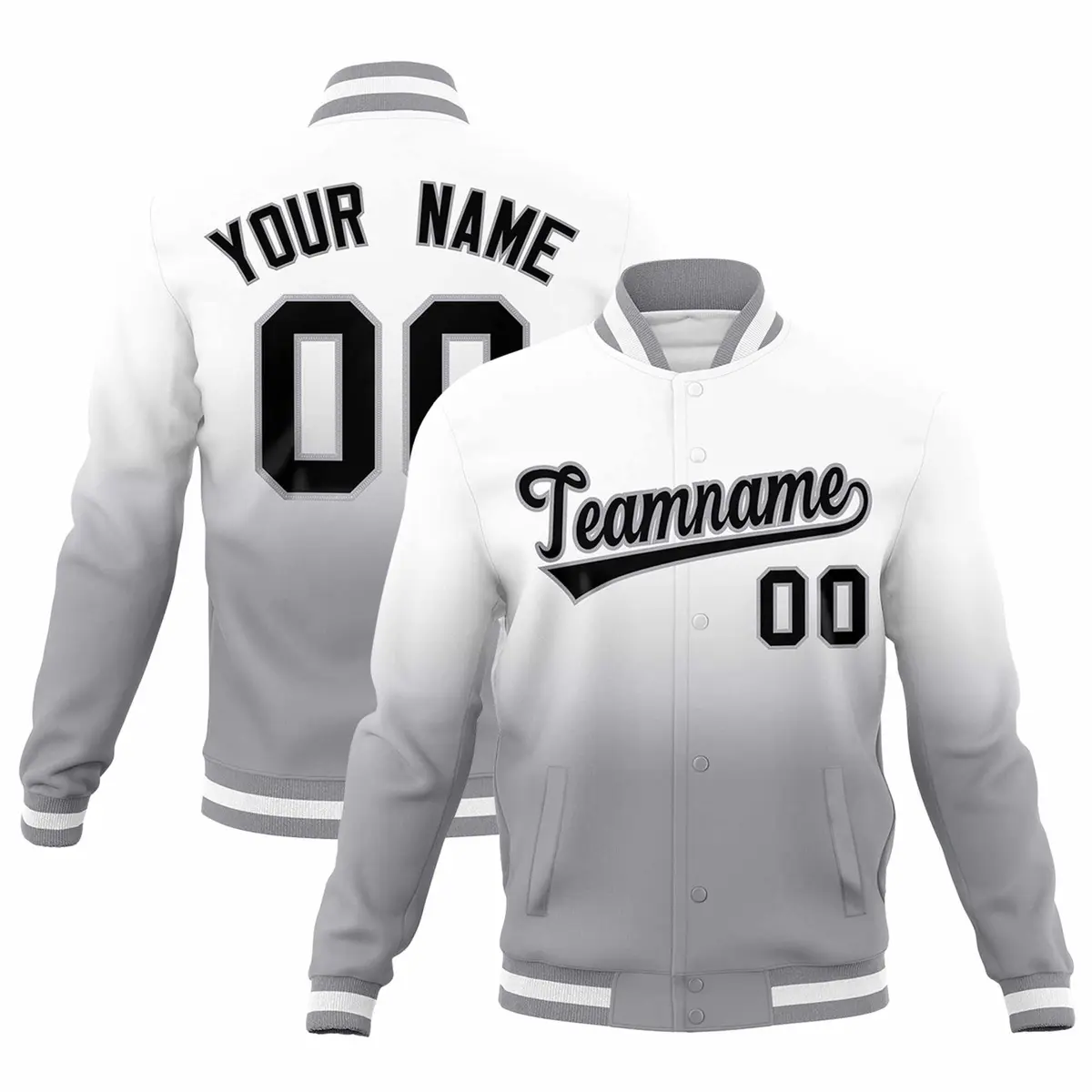 White Gray Gradient Full-Snap Varsity Letterman Jacket