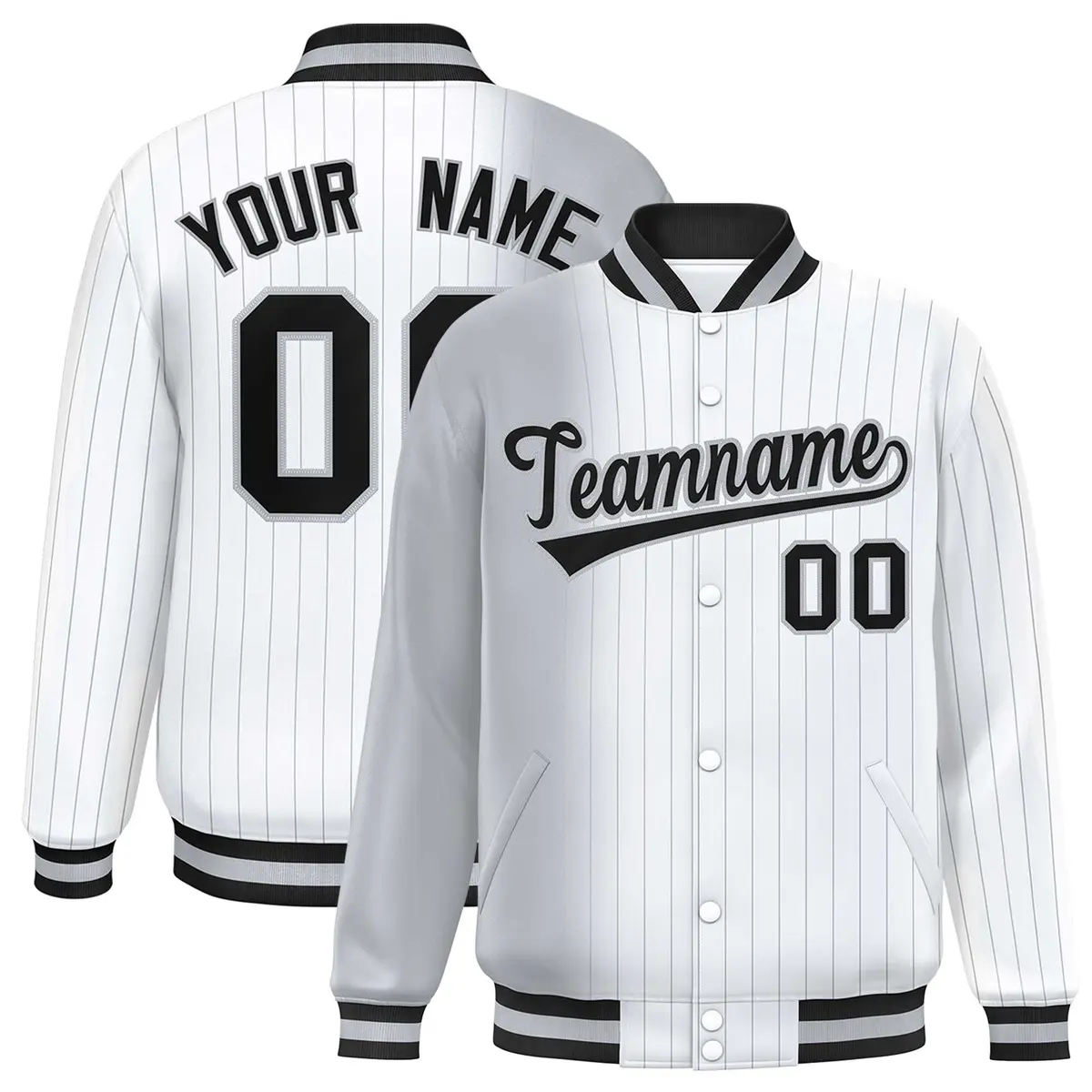 White Gray Gradient Pinstripe Full-Snap Varsity Jacket