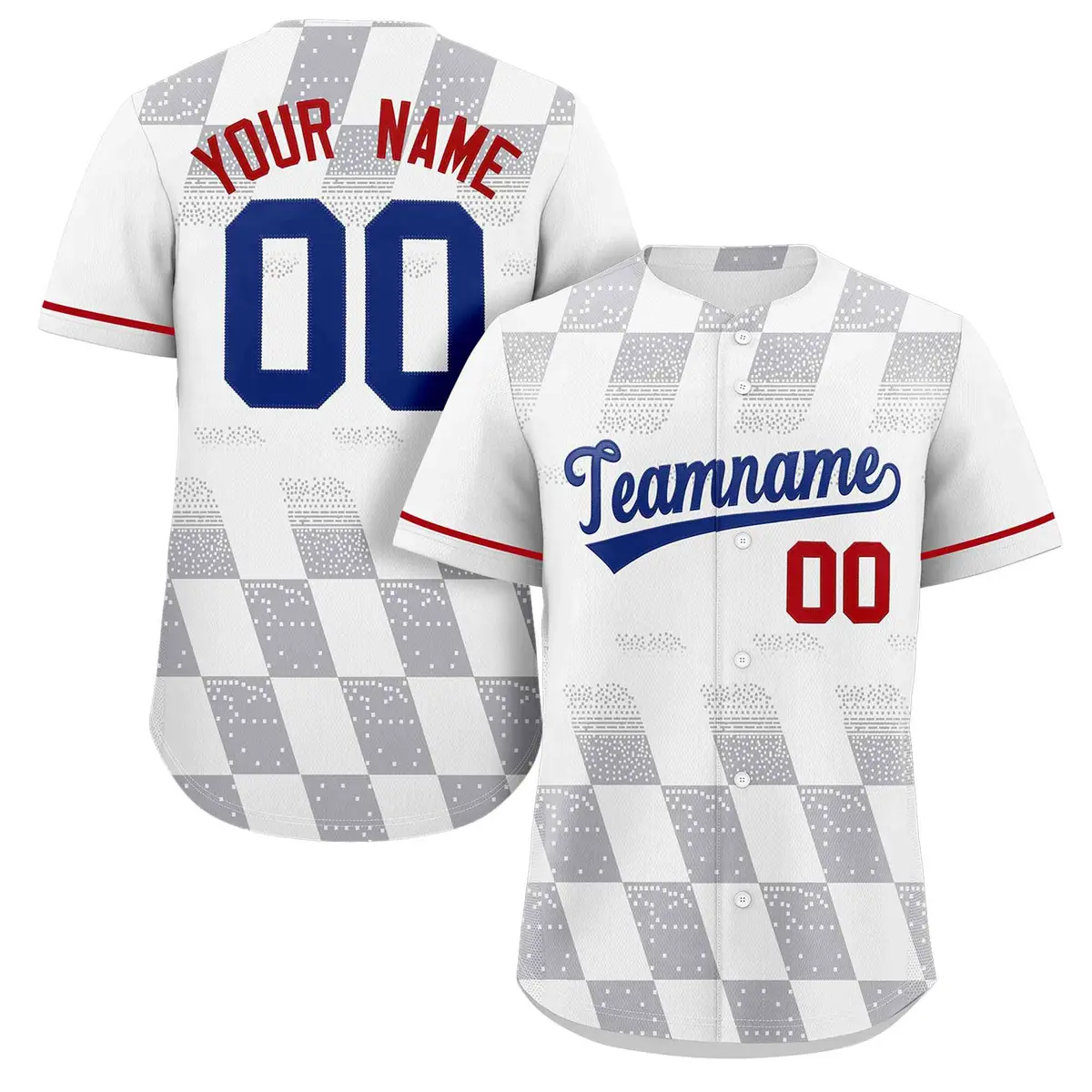 White Gray Grid Speckles Color Block Baseball Jersey