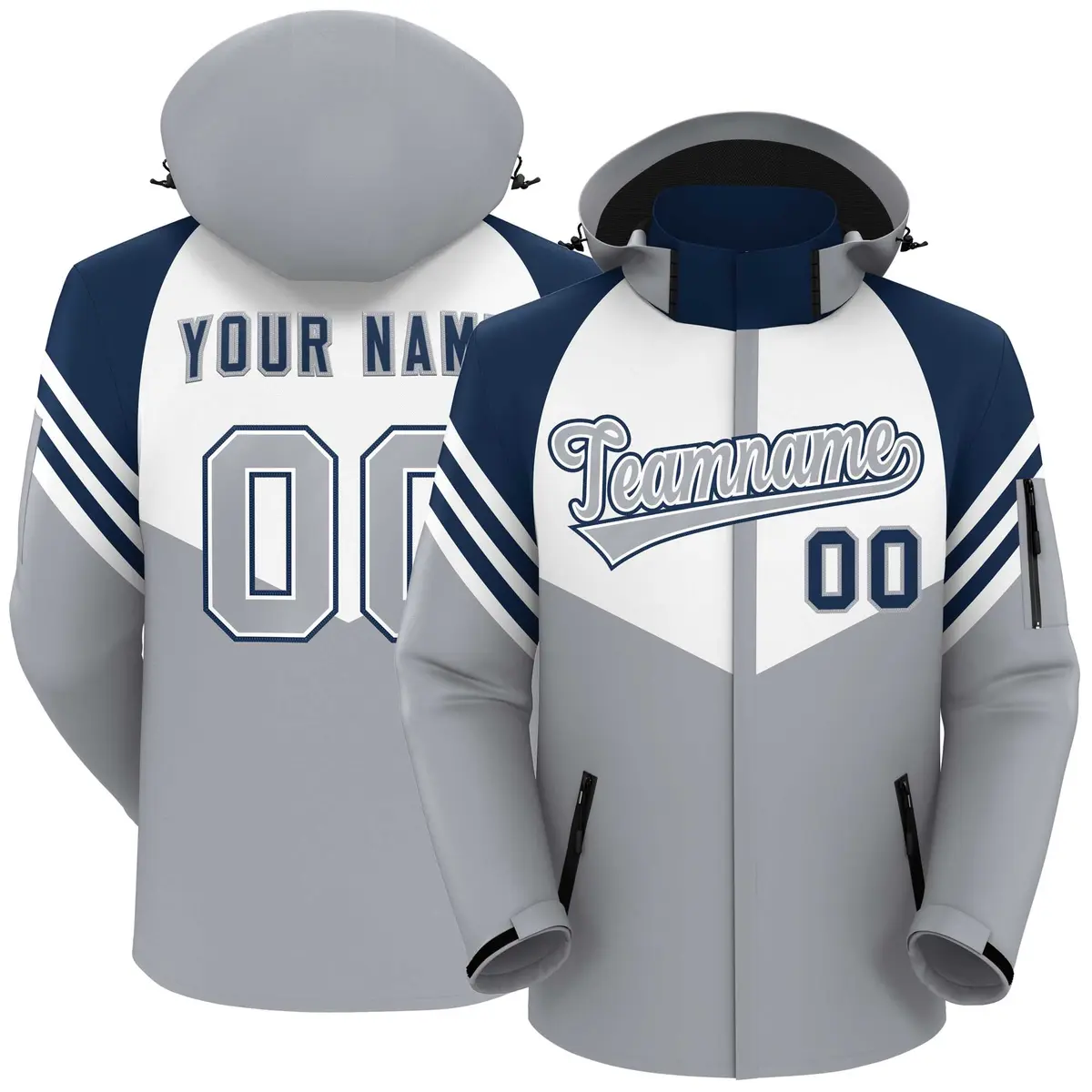 White Gray-Navy Color Block Hooded Outdoor Waterproof Jacket