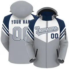 White Gray-Navy Color Block Hooded Outdoor Waterproof Jacket