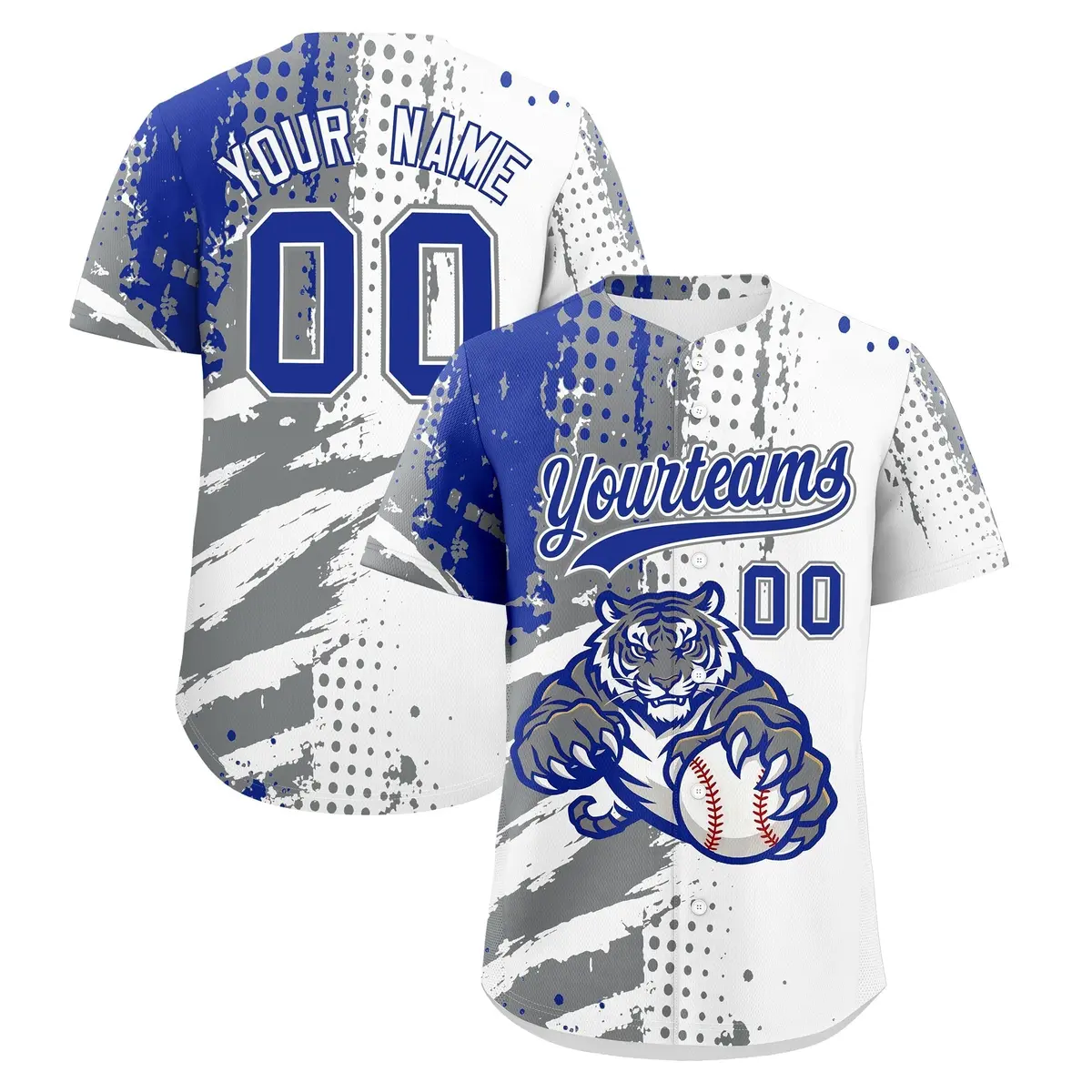 White Gray Royal Blue Full-Snap Tiger Graffiti Baseball Jersey
