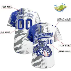 White Gray Royal Blue Full-Snap Tiger Graffiti Baseball Jersey 2