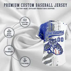 White Gray Royal Blue Full-Snap Tiger Graffiti Baseball Jersey 3