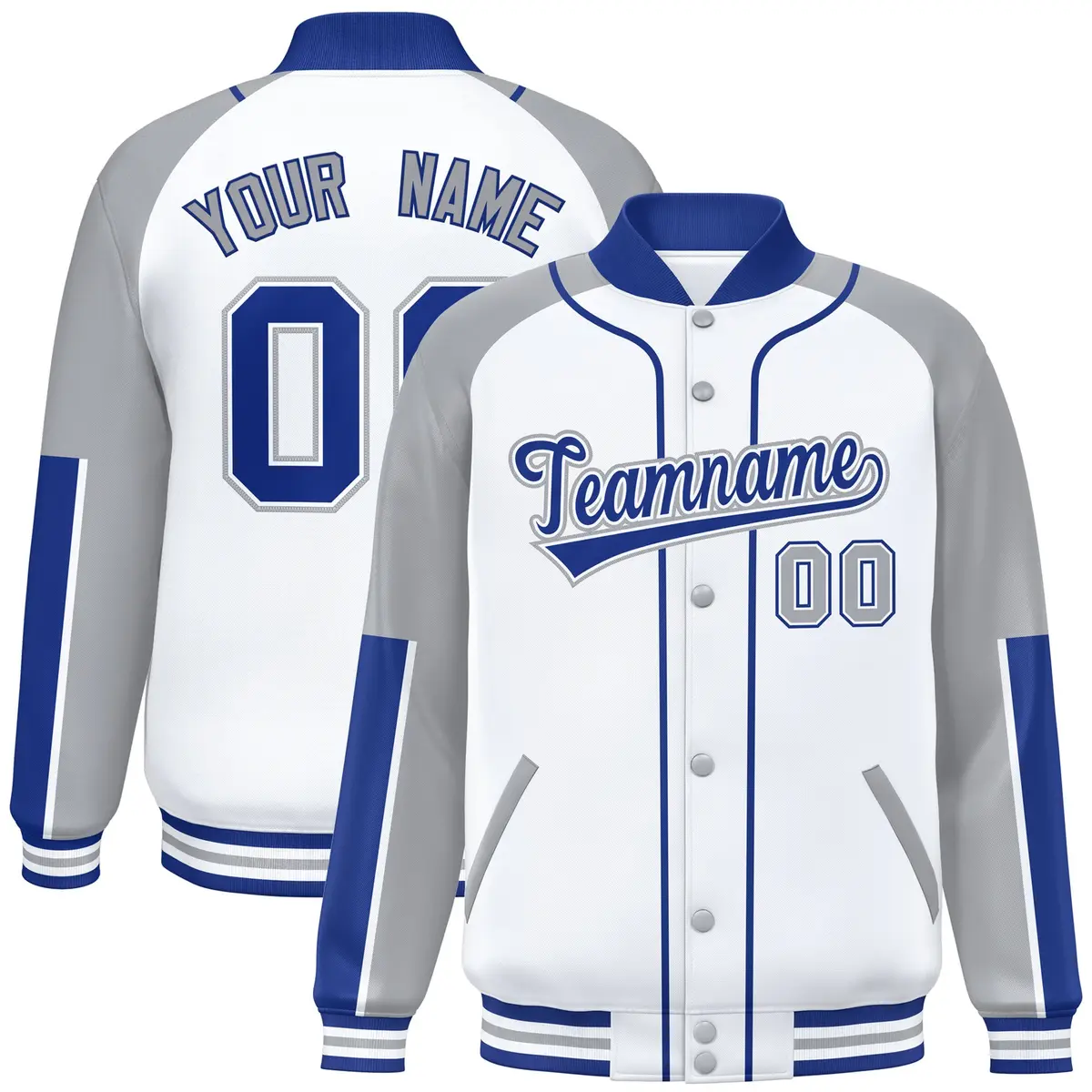White Gray-Royal Raglan Varsity Full-Snap Letterman Baseball Jacket