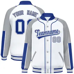White Gray-Royal Raglan Varsity Full-Snap Letterman Baseball Jacket 1