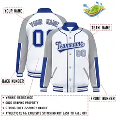 White Gray-Royal Raglan Varsity Full-Snap Letterman Baseball Jacket 2